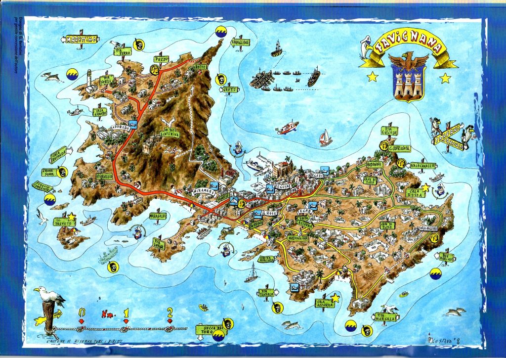 Mapa de los puntos interesantes y playas de Favignana