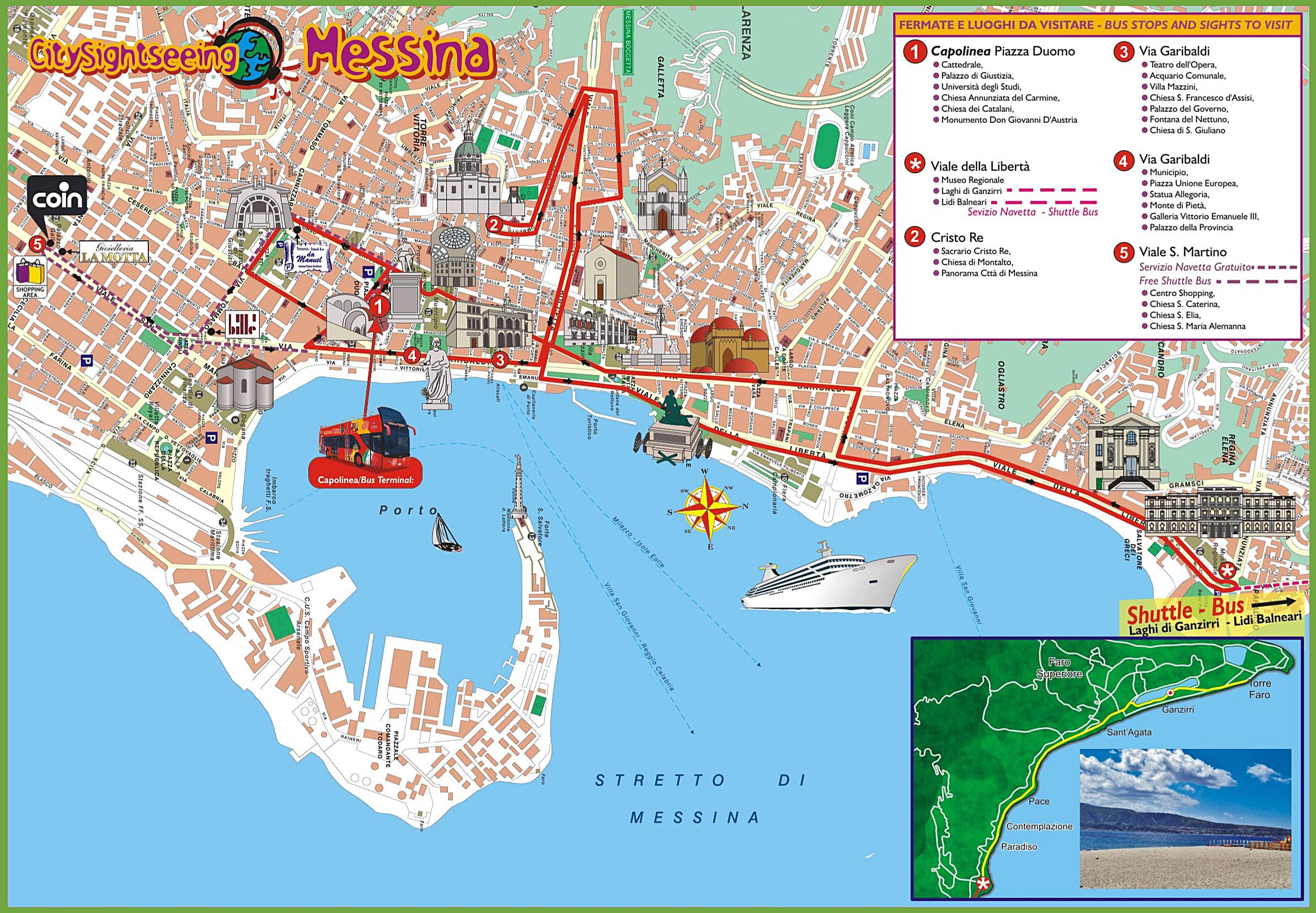 Mapa de Messina con sus principales lugares de interés