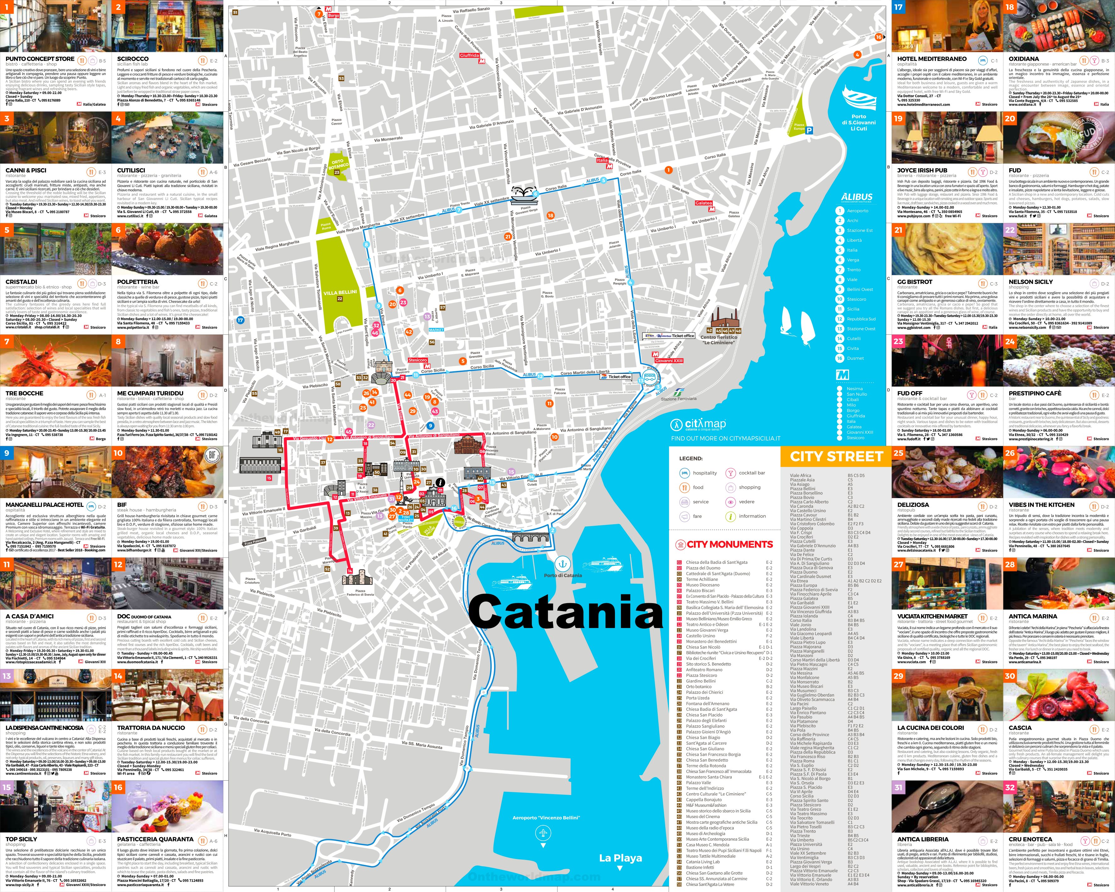Mapa de los monumentos y puntos de interés de Catania